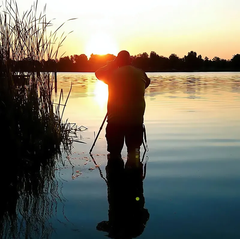 Ich stehe knietief im flachen Wasser des Müllroser Sees und fotografiere gegen die aufgehende Sonne, links Schilf, im Wasser spiegeln sich Ufer und Licht.